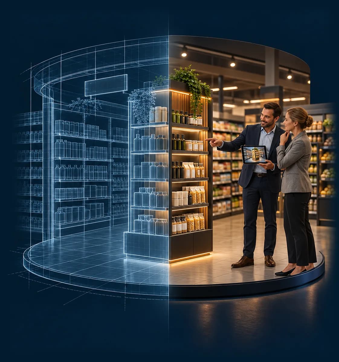 Halb Wireframe, halb realer Markt: Zwei Personen prüfen eine POS-Platzierung am Tablet in einer 3D-geplanten Marktumgebung.