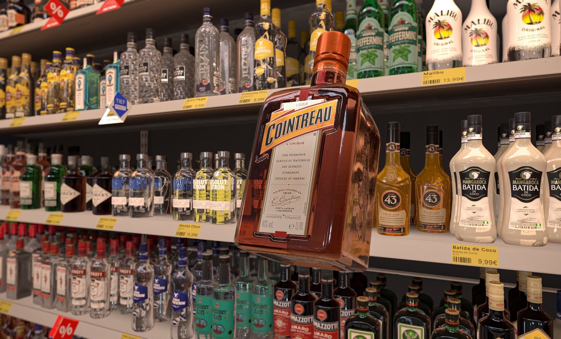 Nahaufnahme eines 3D-Flaschenregals mit Cointreau-Modell in Echtzeitqualität