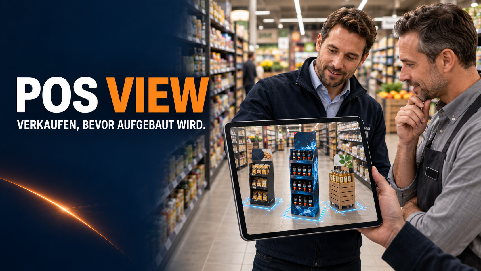 Außendienst zeigt einem Handelspartner mehrere Displays per AR im realen Markt